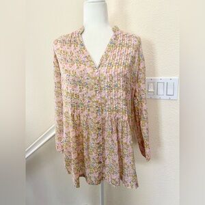 BluTHREADS M light cotton tunic top pin-tuck Pink Multi Floral Lagenlook Cottage